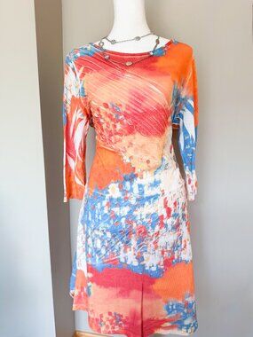 Cubism Colorful Abstract Print 3/4 Sleeve Dress - Size Large